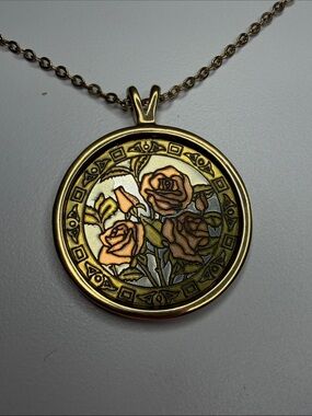 Floral Rose Medallion Pendant Necklace - Gold and Peach